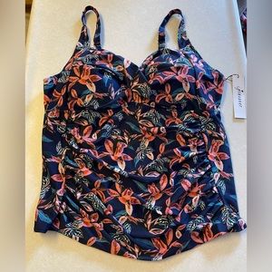 Minxueer Women's Floral Swim Top - Navy and Coral